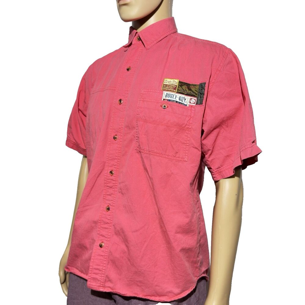 Vintage Bugle Boy Shirt Men's Medium Pink Button Up Short Sleeve 90s Casual EUC